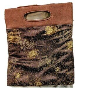 Vintage-Inspired Brown & Gold Brocade Handbag With Suede Accents Snap Closure &